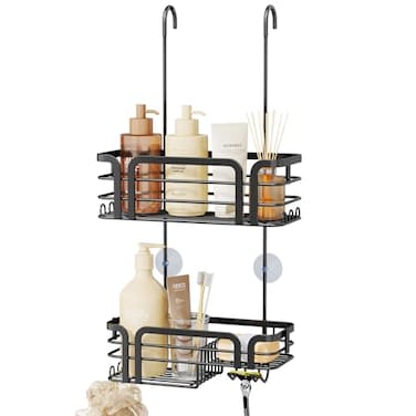 SWTYMIKI Shower Caddy Hanging Organizer Over the Door Shower Caddy with Soap Holder 11 Hooks 2 Installation Ways Stainless Steel Rustproof Bathroom Organizer Black