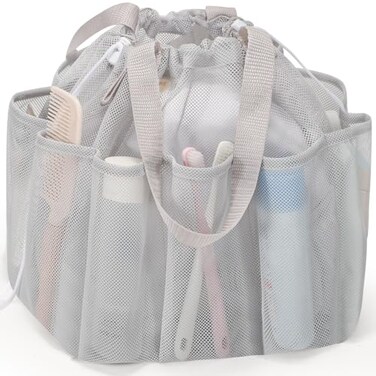 famichan Mesh Shower Caddy Portable with Drawstring Dorm Room Essentials for College Students Grey Shower Bag for CampingSwimmingGymTravelBathroom