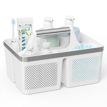 BYUNER Plastic Shower Caddy Dorm Portable Bathroom Caddy Organizer with Handle and Holes Cleaning Basket Hard Shower Basket Storage Tote for Toiletry College Dorm Room Essentials WhiteSilver
