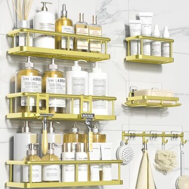 YASONIC Shower Caddy 6 Pack Large Capacity Bath Organizer with Soap Holder and 12 Hooks Rustproof Shower Shelves for Inside Shower No DrillingSleek Bathroom Organizers and Storage Gold