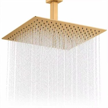 BSTIIU Rainfall Shower Head in Gold Extra Large 16 Inch Square Ceiling Mount Shower Head High Pressure Ultra Thin Top Rain Shower Heads Brushed Brass Gold