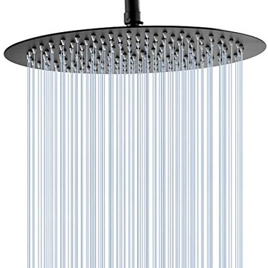 GGStudy Round 16 Inch Stainless Steel Shower Head Rain Style Shower Head Black Large Square Rainfall Shower Heads Matte Black