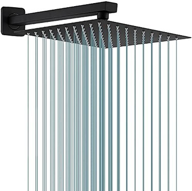 GGStudy Rain Shower Head Black with Extension Arm 12 Inch Square Shower Head with 16 Inch Shower Arm Large Stainless Steel Rainfall Showerhead Matte Black Waterfall Full Body Coverage by