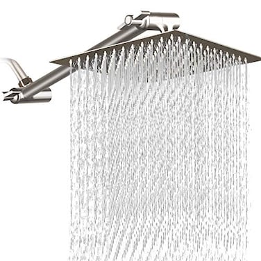 PinWin 12 Inch Square Rain Showerhead with 11 Inch Adjustable Extension ArmLarge Stainless Steel High Pressure Shower HeadUltra Thin Rainfall Bath Shower with Easy to Clean and InstallBrushed Nickel