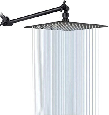 NearMoon Rain Shower Head with 11 Adjustable Extension Arm Large Stainless Steel High Flow Rainfall Square Head Bath Shower Waterfall Full Body Coverage 12 Inch Matte Black