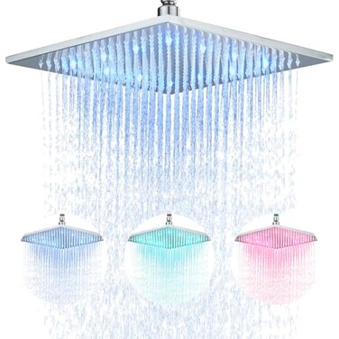 NeierThodore 12 LED Square Rainfall Shower Head Brushed Nickel Top Sprayer Shower Head WallCeiling Mounted