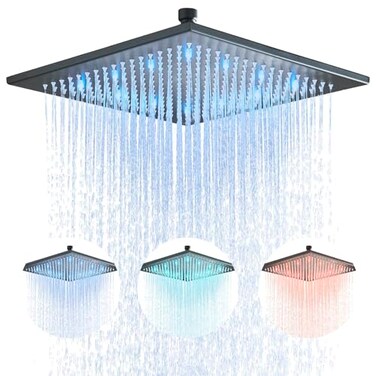 NeierThodore 12 inches Large Square Black LED Rainfall Shower head Brass Overhead Spray Bathroom Shower Head