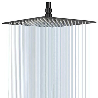 GGStudy High Pressure Shower Head Square Black Shower Head 16 Inch Large Stainless Steel Shower Heads Ultra Thin Rainfall Bath Shower 12 Connection