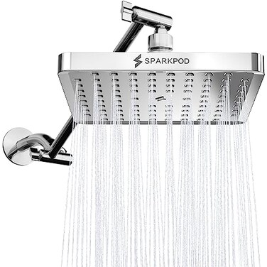 SparkPod Square Rain Shower Head with Extension Arm Height Adjustable Shower Head with High Pressure Performance Easy 1Minute Installation 8 Square Luxury Polished Chrome