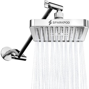 SparkPod Square Rain Shower Head with Extension Arm Height Adjustable Shower Head with High Pressure Performance Easy 1Minute Installation 6 Square Luxury Polished Chrome