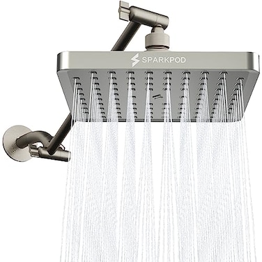 SparkPod Square Rain Shower Head with Extension Arm Height Adjustable Shower Head with High Pressure Performance Easy 1Minute Installation 8 Square Elegant Brushed Nickel