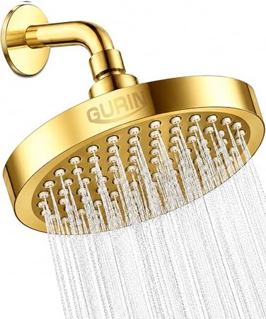 GURIN Shower Head Powerful High Pressure Rain Shower Head 6 Inch Luxury Rainfall Showerhead with Adjustable Angles 90 AntiClog Nozzles ToolFree 1Min Install Premium Gold Plated Finish