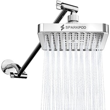 SparkPod Square Rain Shower Head with Extension Arm Height Adjustable Shower Head with High Pressure Performance Easy 1Minute Installation 6 Square Luxury Polished Chrome