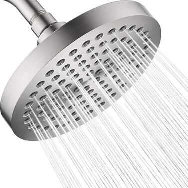 BRIGHT SHOWERS High Pressure Shower Head 6 Inch High Flow Rainfall Shower Heads 2 Spray Settings Adjustable Angle Replacement Bathroom Showerhead Easy Installation Brushed Nickel