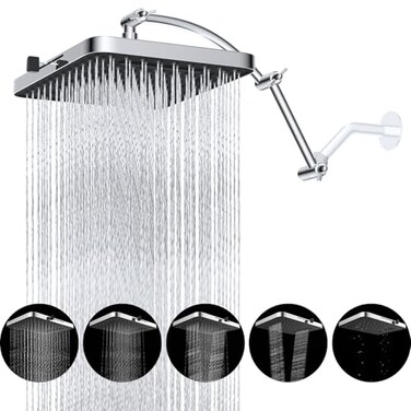 Hibbent Rain Shower Head 13 High Pressure Rainfall Square 5 Spray Mode Showerhead with 16 Shower Head Extension Arm Solid Brass Adjustable Shower Arm Extender Waterfall fixed Showerheads Chrome