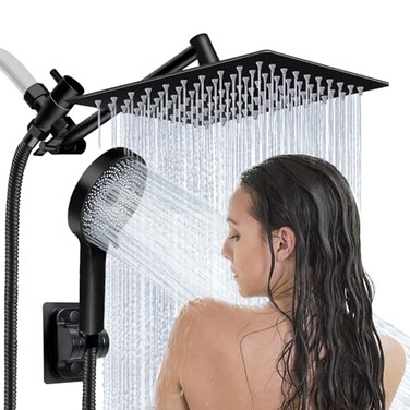 Ashwanth Shower Head10Rain Shower Head with Handheld Spray Combo and Adjustable Extension Arm3Way Flow RegulatorShower SystemHigh Pressure Rain Fall HoseMatt Black
