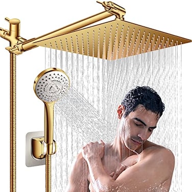 PinWin Shower Head12 Rain Shower Head with 11 Adjustable Extension Arm and 5 Settings High Pressure Handheld Shower Head ComboPowerful Shower Spray Against Low Pressure WaterBrushed Gold