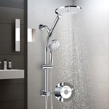 egretshower 75 Rotatable Dual Shower Head with Handheld Combo Kids Friendly Low 3Way Diverter Adjustable Slide Bar for Whole Family Use Enjoy High Pressure Rainfall Spa Shower Polished Chrome Finish