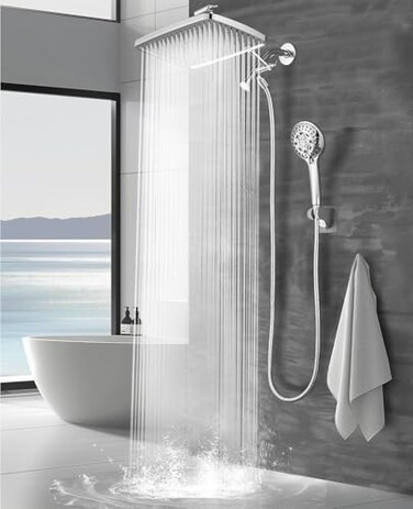 Heemli 12 Inch Rain Shower Head High Pressure Shower Head Dual Shower Heads with 8 Modes Handheld Spray Combo Upgrade Extension Arm Height Adjustable Chrome