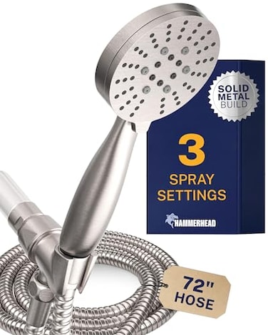 HammerHead Showers Solid Metal 3Spray Handheld Shower Head with Long Hose and Holder BRUSHED NICKEL 25 GPM High Pressure Shower Head with Handheld Sprayer WIDE MASSAGE and MIST Sprays