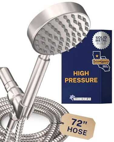 HammerHead Showers Solid Metal LOW FLOW Handheld Shower Head with Hose and Brass Holder BRUSHED NICKEL Water Saving 175 GPM Detachable Shower Head Adjustable Shower Wand Bracket 6ft Hose