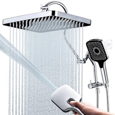 V-Frankness 13 Inch Rainfall Shower Head with MultiFunction Handheld Sprayer Combo 3Way Metal Extended Diverter with Holder and Metal Adjustable Curved Shower Extension Arm Extra Long Hose Chrome