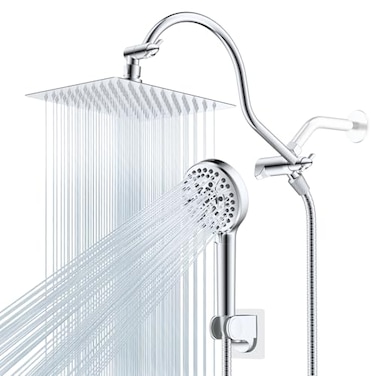 Hibbent All Metal CUPC Shower Head 8 High Pressure Rainfall Shower Head Handheld Showerhead Combo 12 Adjustable Extension Arm 10 Sprays 71 Shower Hose Showerhead Holder Chrome
