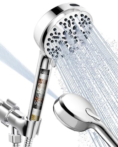 BOWGER Filtered Shower Head with Handheld 6 Modes High Pressure Shower Heads with Power Wash Mode and Hard Water Filter Detachable Hand Held Showerhead Set with Extra Long Hose Chrome