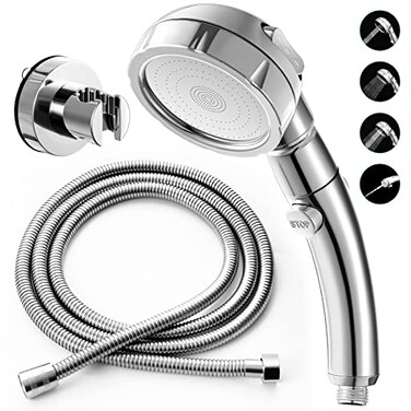 Marbrasse 3Settings Handheld High Pressure Showerhead with ONOff Full Shutoff Push ButtonWatersaving Camping Shower with Adjustable AngleVacuum Suction Shower Head Holder5 Feet Shower Hose