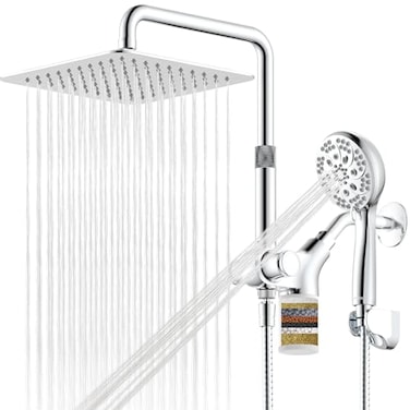 Ryamen Upgraded Dual Shower Heads Combo 10 inch Filtered Shower Head with Handheld 3Way Rain Shower Head with Filters 7 Settings Handheld Spray High Pressure Height Adjustable Silver
