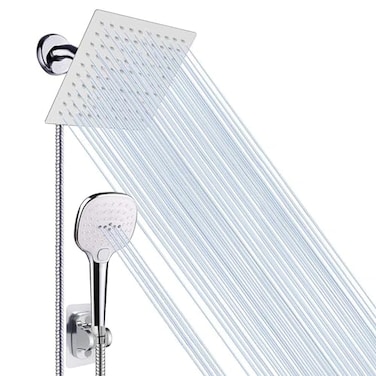 NearMoon Shower Head with Hose High Pressure Stainless Steel Rain Shower and 3 Settings Handheld Spray Combo with Push Button Flow Control 8 Inch Chrome Finish