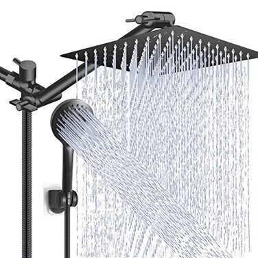 PinWin Shower Head Combo10 Inch High Pressure Rain Shower Head with 11 Inch Adjustable Extension Arm and 5 Settings Handheld Powerful Shower Spray Against Low Pressure Water Matte Black