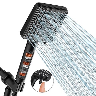 MakeFit Filtered Shower Head Black 6 Modes High Pressure Handheld Shower Head with Filter Mineral Beads Detachable Handheld Showerhead Set with Stainless Steel Hose and Shower Arm Bracket