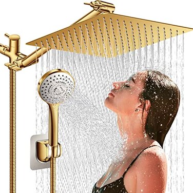 Beekim 12 Shower Head with Handheld High Pressure Rainfall Shower Head Combo with 11 Adjustable Extension Arm 5 Setting Hand Held Shower Head with 60 Inch Shower Hose AntiLeak Gold