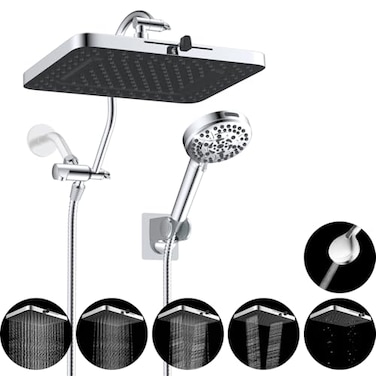 Hibbent cUPC High Pressure 13 Dual Shower Head Combo with 10mode Handheld Spray Upgraded Rainfall 5spray Shower Head 12 Adjustable Extension Arm 71 Hose Showerhead Holder Chrome