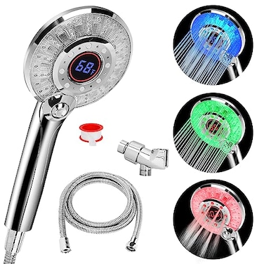 JIEYUMJ LED Shower Head Color Changing Handheld Shower Head High Pressure with Hose Water Saving Spray Showerheads Discoloration Warning Water Temperature Display 3 Spray Modes Easy to Install Chrome