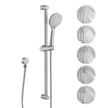 YUESIMATE 304 Stainless Steel Shower Slide Bar 28Inch with Adjustable Handheld Shower Head and 59Inch Hose High Pressure 5 Setting Hand Shower with Wall MountShower Slide Bar Combo Brushed Nickel