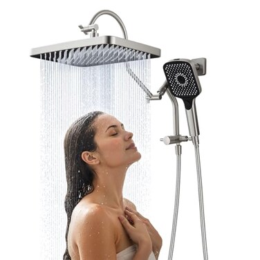 V-Frankness 13 Inch Rainfall Shower Head with MultiFunction Handheld Sprayer Combo 3Way Metal Extended Diverter with Holder and Metal Adjustable Curved Shower Extension Arm Extra Long Hose Brushed Nic