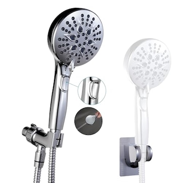 GwernKB Handheld Shower Head with on off SwitchBuiltin Power Spray7Setting High Pressure Spray Shower Wand with 79in Long HoseBracket and Extra Adhesive Shower Holder for Lower MountChrome