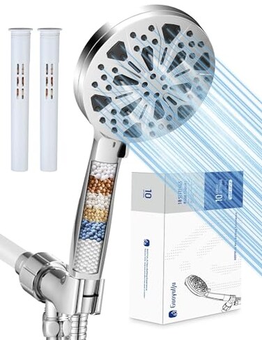 GUOYULJU Filtered Shower Head with Handheld and Hose 10 Spray Modes High Pressure Showerhead for Hard Water Water Saving Removable Filter with Beads Chrome Finish WaterSense CUPC