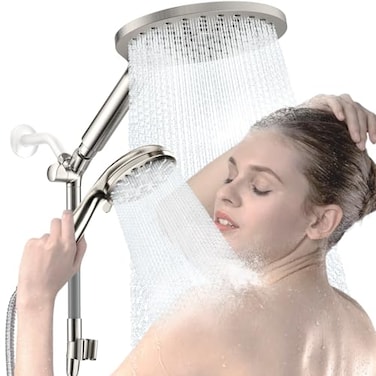 KAIYING Dual Shower Heads with Handheld Spray Combo High Pressure Modern Rain Shower Head with 9Mode Handheld Showerhead Double Rainfall Shower Head with 79Inch Hose Brushed Nickel