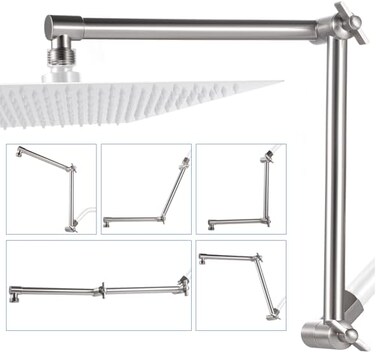 G-Promise GPromise 16 Inch Shower Head Extension Arm Solid Brass Height Angle Adjustable Extender Rise or Lower Rainfall and Fixed Shower Head Brushed Nickel