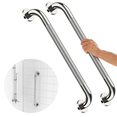 iMomwee 2 Pack 32 Inch Shower Grab Bar with AntiSlip Grip Chrome Stainless Steel Bathroom Grab Bar Handle Shower Balance Bar Safety Hand Rail Support Handicap Elderly Senior Assist Bath Handle