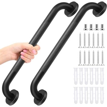 Yaocom 2 Pack Matte Black Shower Grab Bars 16 Inch Shower Safety Grab Bars Handles Replacement with Screws and Accessories 304 Stainless Steel Bathroom Handle for Handicap Elderly Senior Assist