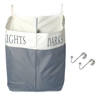 The Fine Living Company The Fine Living Co XLarge Two Compartments Hanging Laundry Hamper with Over Door Hooks Durable Space Saving Laundry Bag Storage with Bottom Zipper Wide Open Top DarkLight Compa