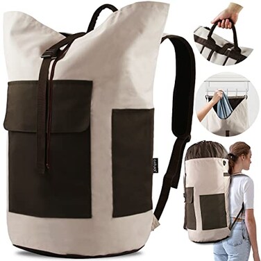 JOINPRO Laundry Backpack Bag 125L Extra Large Heavy Duty for College Dorm Apartment Durable Thick Material Laundry Hamper with Padded Straps for Easy Carry 3 Pockets for Travel Laundromat Khaki
