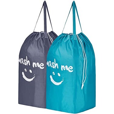 HOMEST 2 Pack Wash Me Travel Laundry Bag with Handles Square Base Can Carry Up to 3 Loads of Clothes Dirty Garments Storage with Drawstring ClosureLight Blue and Grey
