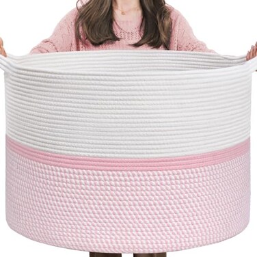 CHICVITA Extra Large Cotton Rope Woven Basket XXL Throw Blanket Storage Basket with Handles Pink Decorative Clothes Hamper Laundry Hamper 22 x 22 x 14