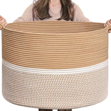CHICVITA XXL Extra Large Cotton Rope Woven Basket with Handles Throw Blanket Storage Basket Decorative Clothes Hamper 22 x 22 x 14 BrownWhite