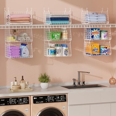 Sonyabecca 3Tier Hanging Laundry Basket OrganizerFoldable Wire Shelf Laundry Room Organizer with 360Rotating Hooks Small Space Solutions Closet Hanging Organizer Laundry Organization White Patent